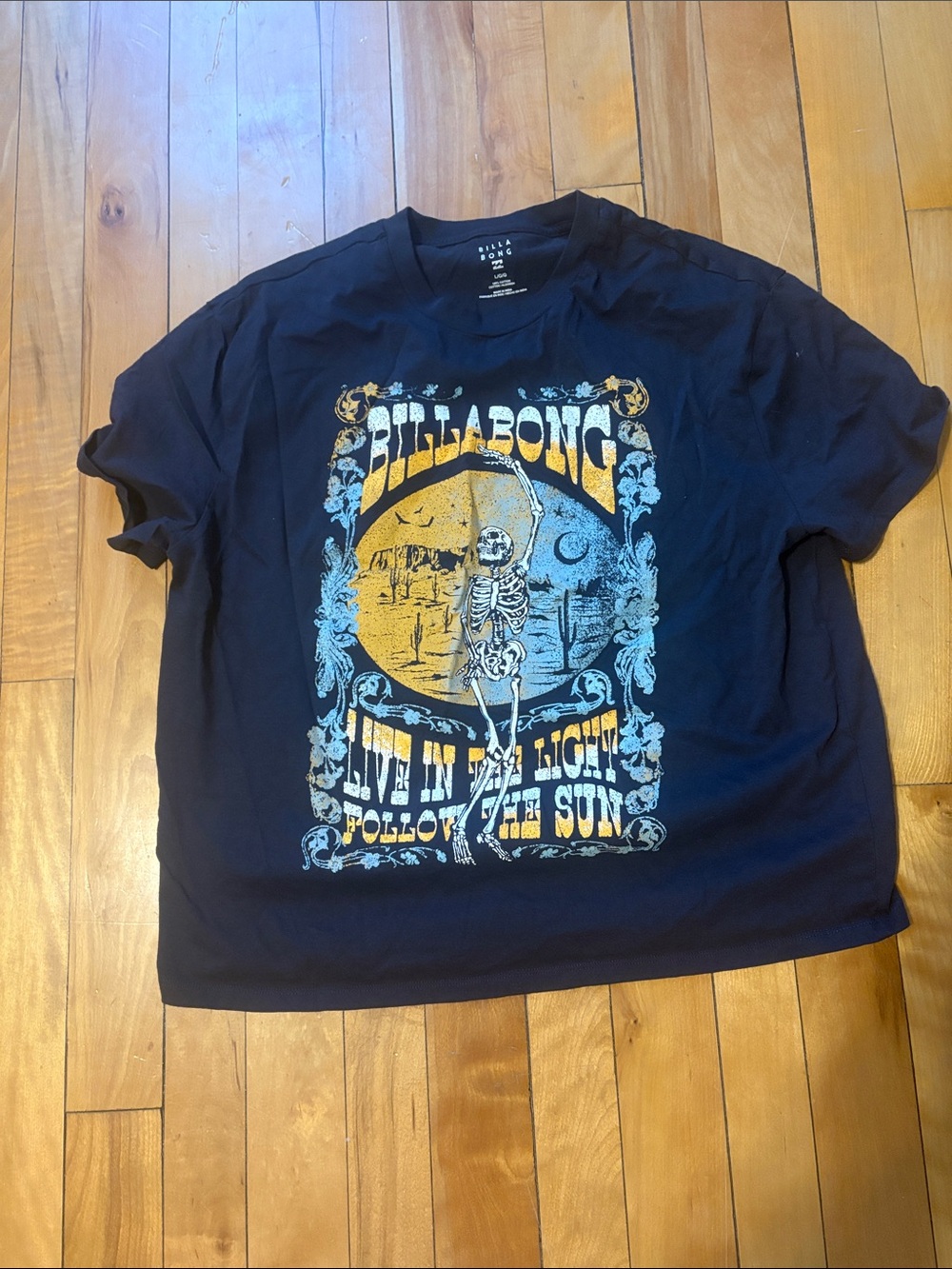 Billabong Navy Graphic Crop Tee with Yellow and Light Blue Print